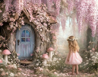 Pink Flower Fairy Tree House Digital Backdrop, Enchanting Forest, Children Photography Creative Composite Photo, fantasy background overlay
