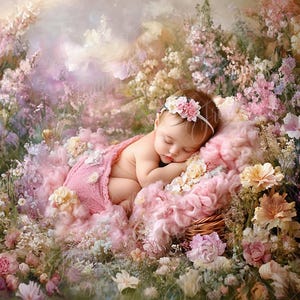 May include: A sleeping baby girl wearing a pink headband with flowers, lying in a pink fluffy nest surrounded by a bed of pastel flowers.