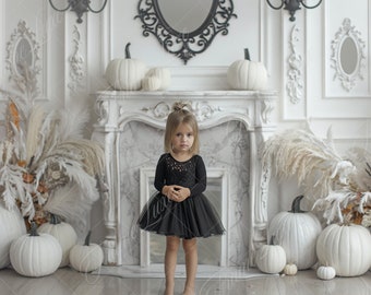 White Pumpkin Fireplace digital background, portrait photography backdrop, fall white room, children creative composite, Photoshop overlay