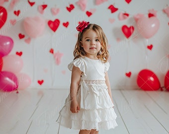 Valentines balloons in white room digital background, Fine Art portrait photography backdrop,  Valentines composite, Photoshop overlay