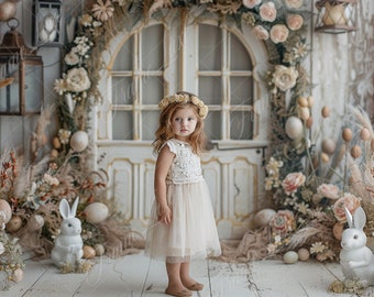 May include: A young girl wearing a white dress and a flower crown stands in front of a white door decorated with flowers and eggs.  Two white ceramic bunnies are on either side of her.