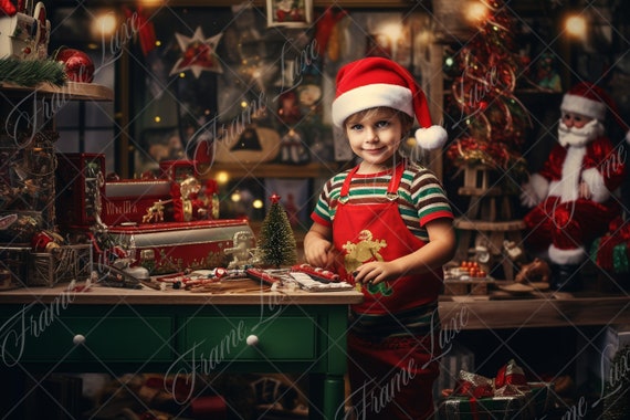 Christmas Santa Workshop Digital Background, Fine Art Holiday portrait digital backdrop, festive Christmas composite, Photoshop overlay