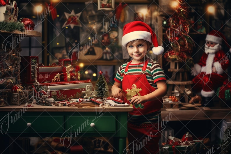 May include: A young child wearing a red Santa hat and a red and white striped apron is standing in a workshop setting. The child is holding a gingerbread cookie and is surrounded by Christmas decorations, including a Christmas tree, a Santa Claus figurine, and a wooden toy train.
