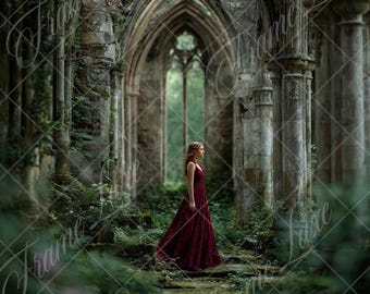 Gothic Ruins Digital Backdrop | Overgrown Abbey Archway Background | Fantasy Fine Art Photography Composite | Moody Forest Cathedral Ruins