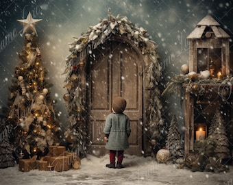 Christmas Door digital background, Fine Art portrait photography digital backdrop, fantasy Studio composite, Photoshop overlay, enchanted