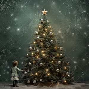 Green Christmas Tree digital background, Fine Art Holiday portrait digital backdrop, festive Christmas composite, Snowy Winter Xmas Trees