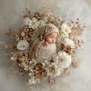 Newborn Digital Backdrop, Baby Girl Boho Cream Flowers, Spring Floral Composite digital background, Photoshop Overlays, Studio Background