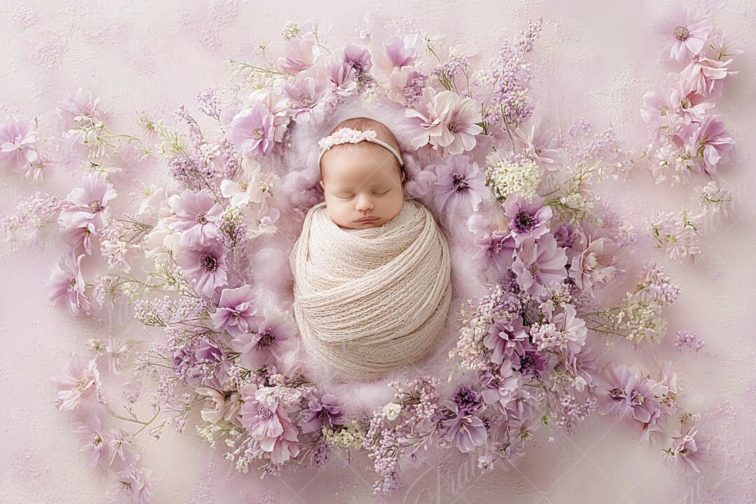Newborn Digital Backdrop, Baby Girl Soft Purple Flower Nest, Fine Art ...