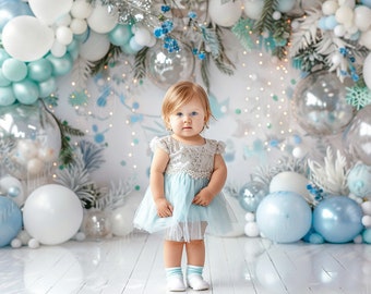 Arrière-plan numérique Baby Blue Silver Balloon Arch, toile de fond numérique pour photographie de portraits d'enfants, fracas de gâteau, composite pour Studio, superposition de Photoshop