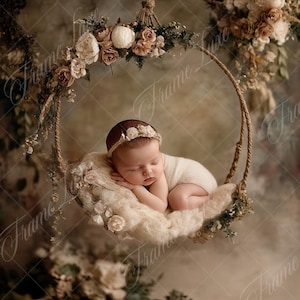 Newborn Digital Backdrop, Baby Girl Boy Boho Floral Hoop, Fine Art Newborn Baby Composite background, Photoshop Overlays, Studio Background