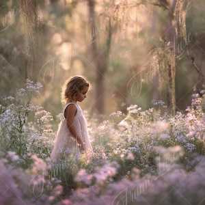Op de afbeelding: Een jong kind in een witte jurk staat in een veld met wilde bloemen. De afbeelding baadt in zacht zonlicht, waardoor een dromerige, etherische sfeer ontstaat. De scène roept een gevoel van vrede en rust op.