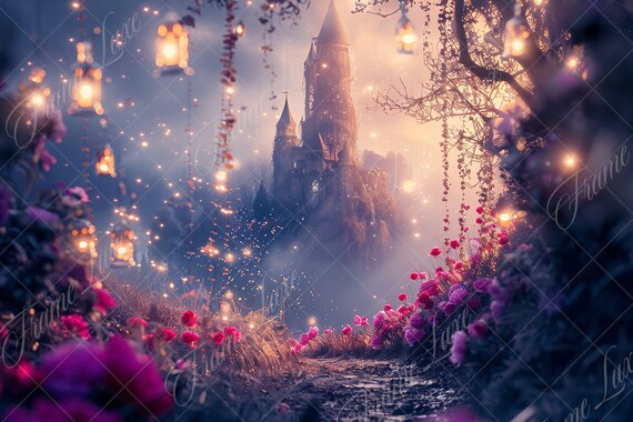 魔法の紫のおとぎ話の城のデジタル背景、クリエイティブな合成写真の