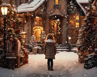Winter Christmas Street digital background, Fine Art portrait photography digital backdrop, fantasy Studio composite, Photoshop overlay