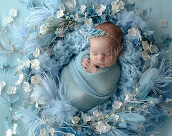 Newborn digital background, Baby Girl Blue Flower and Feather,Fine Art photography digital backdrop, Photography overlays,Creative Composite
