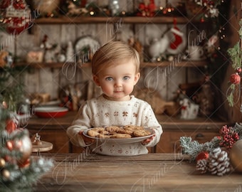 Christmas Rustic Kitchen Digital Background, Fine Art Holiday portrait digital backdrop, festive Christmas composite, Photoshop overlay