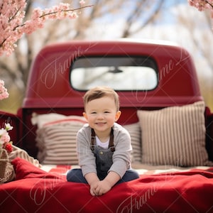 Valentines Spring Red Truck digital background, Fine Art portrait photography backdrop,  Valentines composite, Photoshop overlay