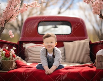 Valentines Spring Red Truck digital background, Fine Art portrait photography backdrop,  Valentines composite, Photoshop overlay