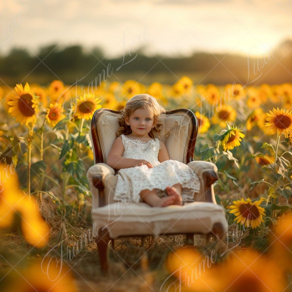 Vintage Chair in Blooming Sunflower Field digital background, Fine Art portrait photography backdrop, Summer Composite, Photoshop overlays