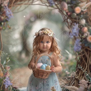 May include: A young girl with long blonde hair wearing a blue floral dress and a flower crown holds a wicker basket filled with colourful Easter eggs. She is standing in a whimsical outdoor setting with a floral archway behind her.