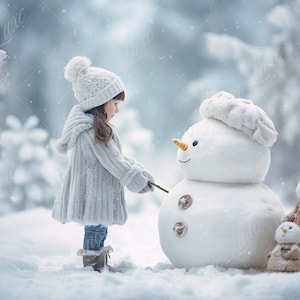 Winter Wonderland Snowman digital background, Enchanted Frosty Woods Composite, Fine Art Holiday digital backdrop, Outdoor Portrait Overlays