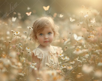 Wildflower Field with Butterfly digital background, Muted, Soft Focus, Fine Art portrait digital backdrop,  composite, Photography overlay