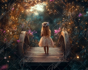 Fondo digital con puente de luces de hadas caprichoso, jardín encantador, enfoque suave, fotografía compuesta creativa de ids, superposición de fondo de fantasía