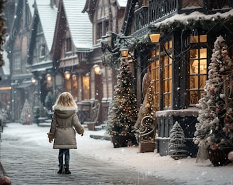 Winter Christmas Street digital background, Fine Art portrait photography digital backdrop, fantasy Studio composite, Photoshop overlay