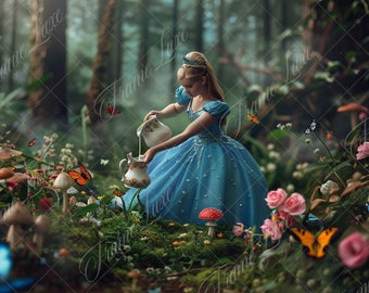 May include: A young girl dressed in a blue princess gown pours milk from a white pitcher into a teacup in a whimsical forest setting. The scene is filled with colorful flowers, mushrooms, and butterflies.