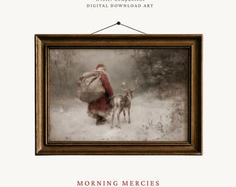 Lámina vintage de Papá Noel y renos, escena invernal nostálgica (descarga digital)