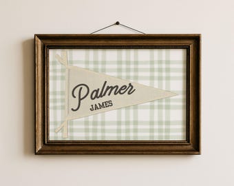 May include: A framed print featuring a cream-colored triangular pennant with the text Palmer James in dark brown lettering. The pennant is set against a light green and white plaid background, enclosed in a dark brown wooden frame.