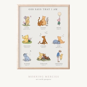 Classic Winnie The Pooh Wall Art, God Says I AM Biblical Affirmations, Christian Nursery Decor, Inspirational Scripture Print, Kid's Room