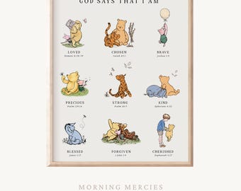 Classic Winnie The Pooh Wall Art, God Says I AM Biblical Affirmations, Christian Nursery Decor, Inspirational Scripture Print, Kid's Room