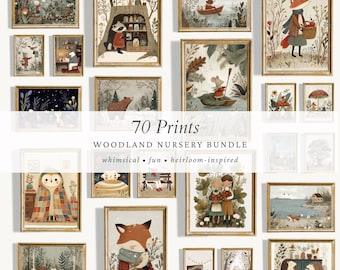 May include: A collection of 70 prints titled Woodland Nursery Bundle featuring various illustrations of animals in nature, including foxes, bears, owls, and mice, displayed in gold frames with a variety of forest and outdoor scenes.