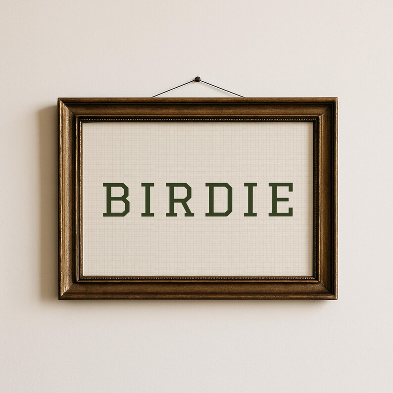 Puede incluir: Una obra de arte en punto de cruz enmarcada con la palabra "BIRDIE" en letras de bloque verde oscuro. La obra de arte est&aacute; sobre un fondo color crema y enmarcada en un marco de madera marr&oacute;n oscuro y ornamentado. El marco est&aacute; colgado en una pared blanca.