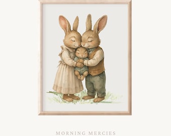 Vintage Hasen Familie Poster - Neutrale Kaninchen Wandkunst für das Kinderzimmer oder Spielzimmer