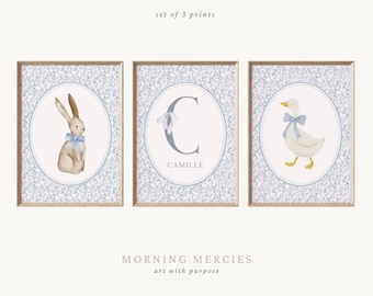 Cottagecore barnrumstryckset, väggkonst med blommotiv från Bunny Goose (digital nedladdning)