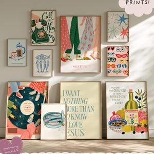 May include: A set of 50 art prints featuring various illustrations including a green rotary phone with text Call on Him, a group of people walking with text Walk by Faith, a vinyl record, and a bottle with text What once was crushed.