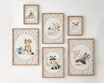 Stampe per cameretta in stile cottagecore: set di 6 stampe vintage con animali del bosco.