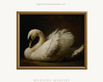 黒背景に描かれたヴィンテージの白鳥の絵画 | 印刷可能なデジタル