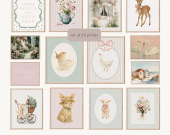 Pink Cottagecore Nursery Prints, Vintage Farmhouse Decor (Digital Download)