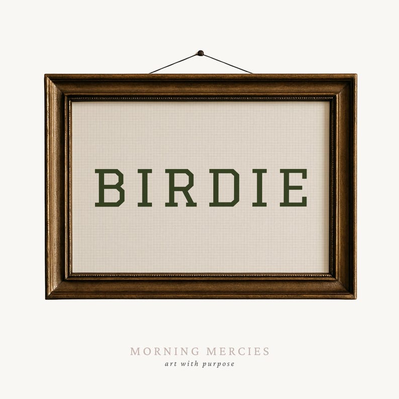 Puede incluir: Una impresi&oacute;n art&iacute;stica enmarcada con la palabra "BIRDIE" en letras de bloque verde oscuro. La impresi&oacute;n est&aacute; sobre un fondo crema con un patr&oacute;n de cuadr&iacute;cula y est&aacute; encerrada en un marco de madera marr&oacute;n oscuro. El texto "MORNING MERCIES art with purpose" est&aacute; en la parte inferior.