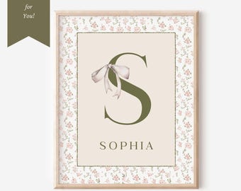 Sage Green Floral Nursery Print – Custom Baby Name and Initial Wall Art