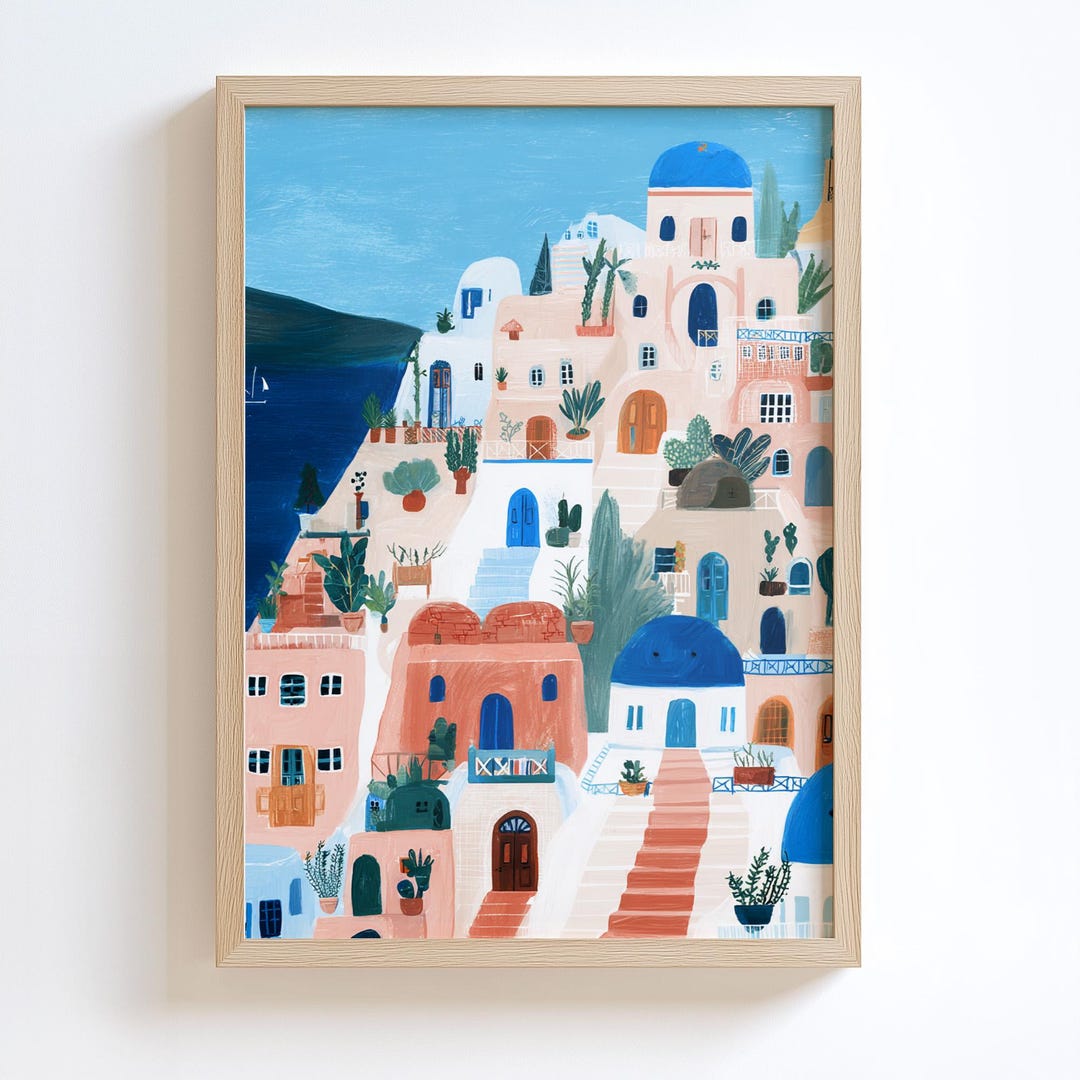 Greek Spring Drawing Santorini Spring Art Print, Greece Coastal View Poster, Oia Santorini ...