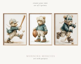 Láminas infantiles de ositos deportivos vintage, juego de 3 (descarga digital)