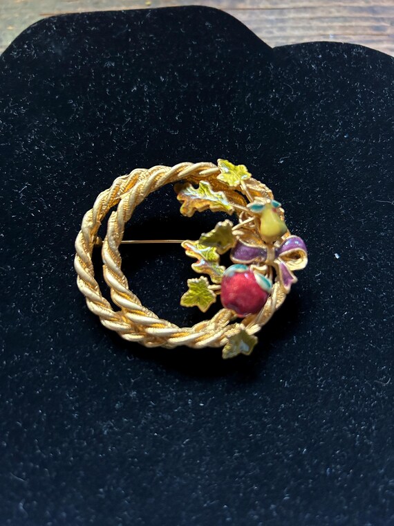 Double Loop brooch with enamel fruit and leaves - image 1