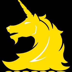 May include: A yellow unicorn head with a white horn and a rope border at the bottom.