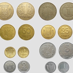 Set (8pcs) Ukrainian coins, hryvnia UAH, Coat of Arms of Ukraine, Volodymir the Great