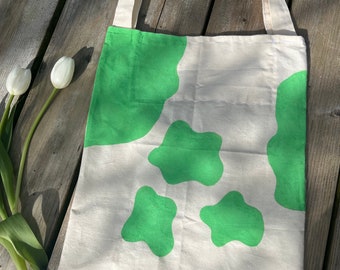 Green cowprint tote bag, tote bag, everyday use, aesthetic, birthday gift