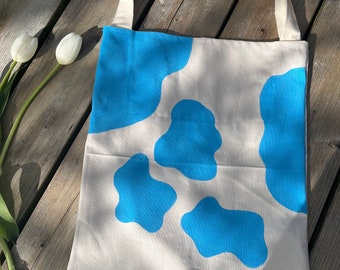 Blue cowprint tote bag, tote bag, everyday use, aesthetic, birthday gift
