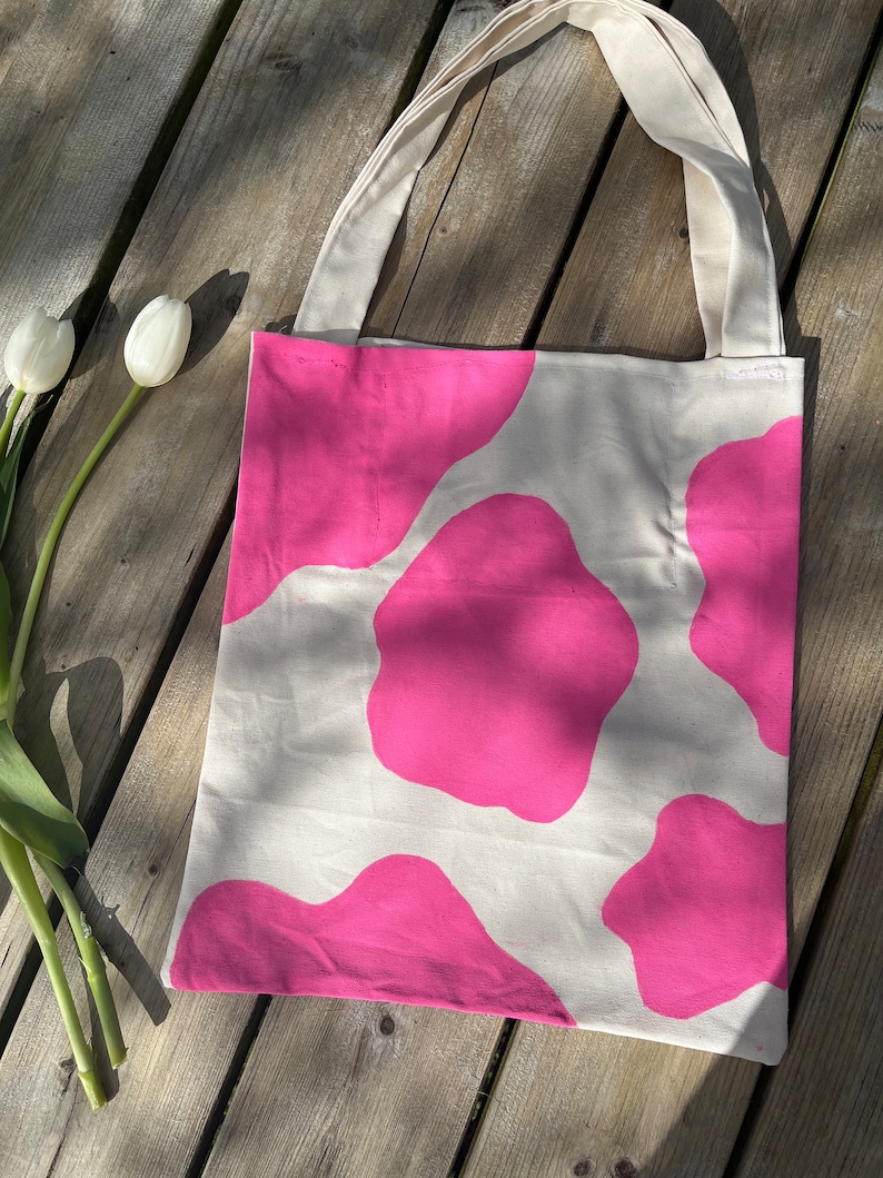 Pink cowprint tote bag, tote bag, everyday use, aesthetic, birthday gift zdjęcie 1